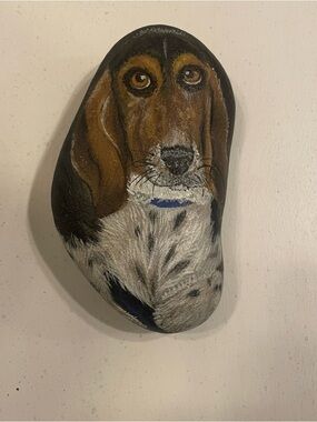 Hand-Painted Basset Hound Dog Portrait Rock Brown white. Signed M. Hysong 2011.